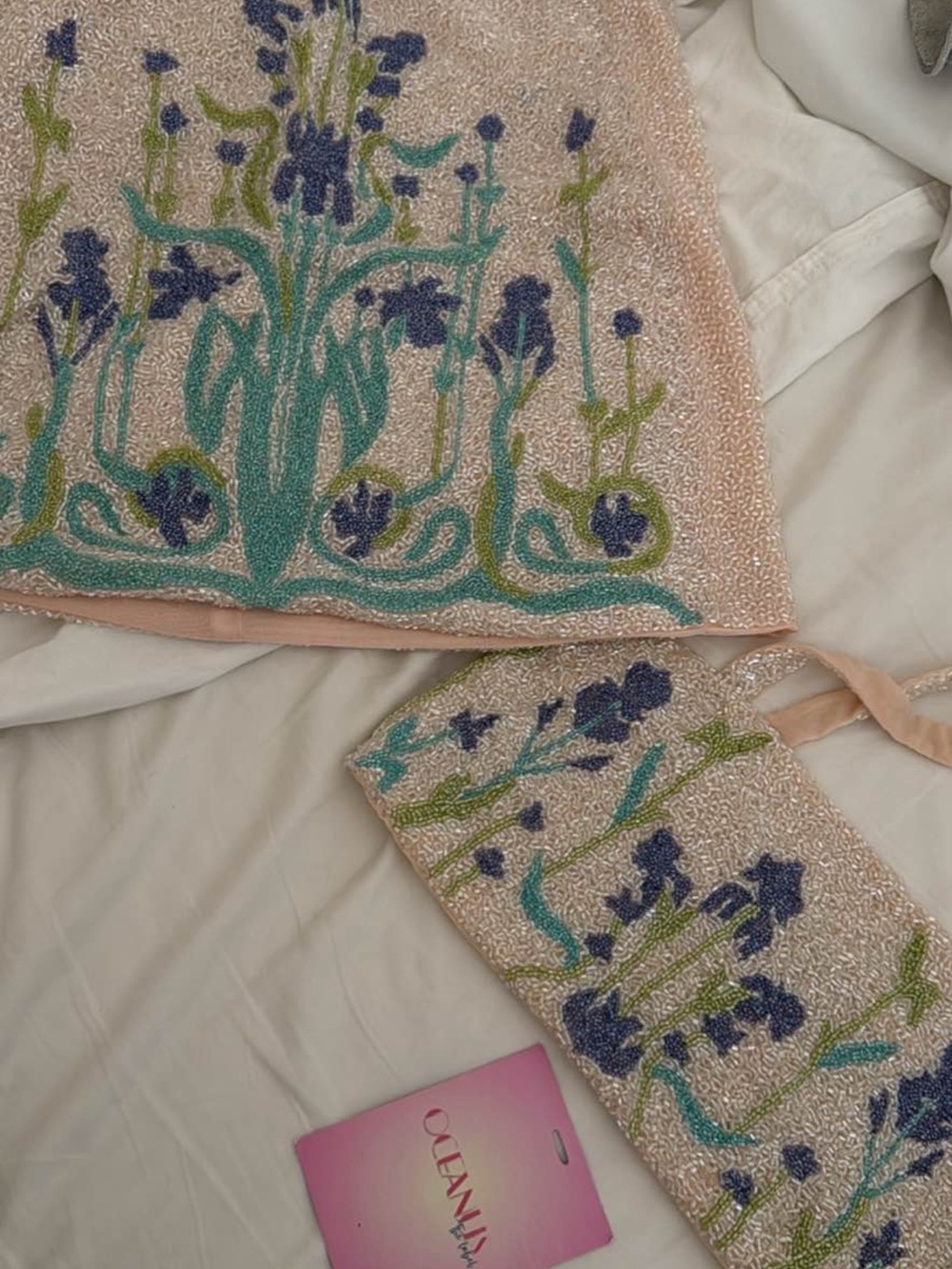 Beaded Floral Mini Skirt in Blush with Blue Embroidery